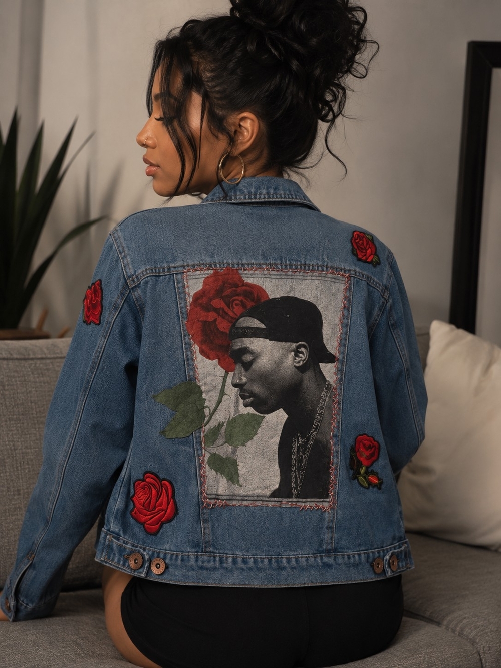 Y2k 2Pac Denim Jacket with Roses